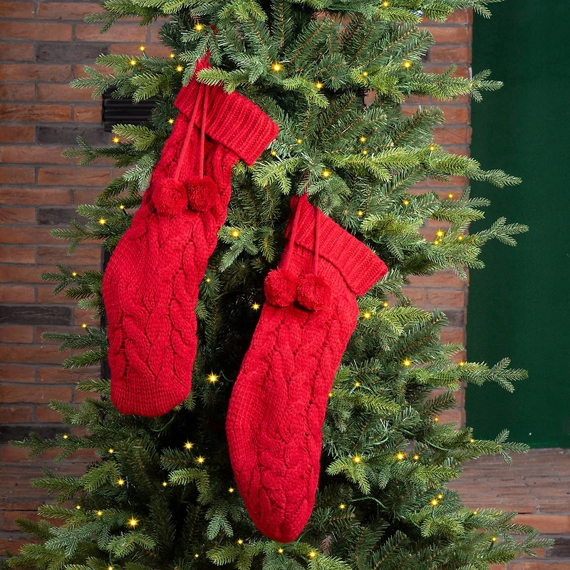 Glitzhome® 24" Red Knitted Polyester Christmas Stocking with Pom Pom