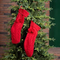 Glitzhome® 24" Red Knitted Polyester Christmas Stocking with Pom Pom