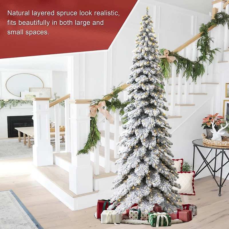 12ft. Pre-Lit Flocked Layered Slim Spruce Artificial Christmas Tree, Warm White LED Lights
