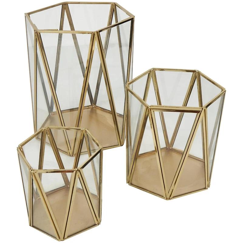 CosmoLiving by Cosmopolitan Gold Geometric Hexagon Candle Lantern Set
