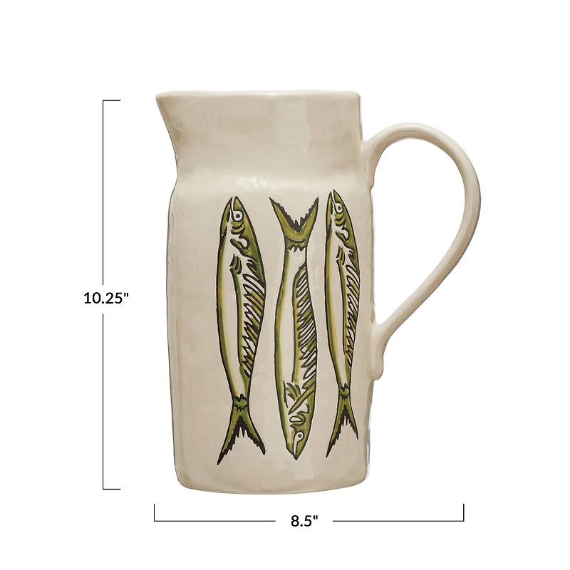 Hello Honey® 10.2" Cream & Green Painted Fish Coastal Stoneware Pitcher