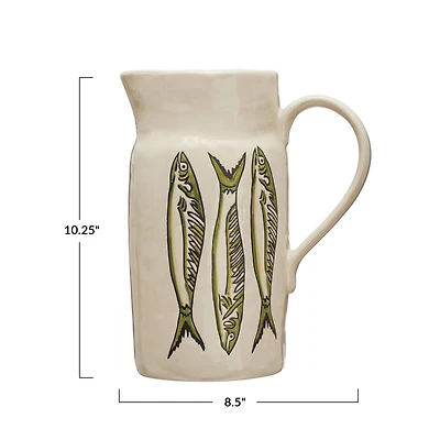 Hello Honey® 10.2" Cream & Green Painted Fish Coastal Stoneware Pitcher