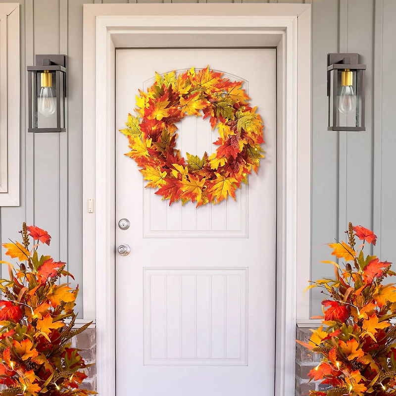 Glitzhome® 24" Fall Lighted Maple Leaves Wreath with Timer