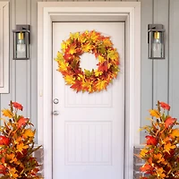Glitzhome® 24" Fall Lighted Maple Leaves Wreath with Timer