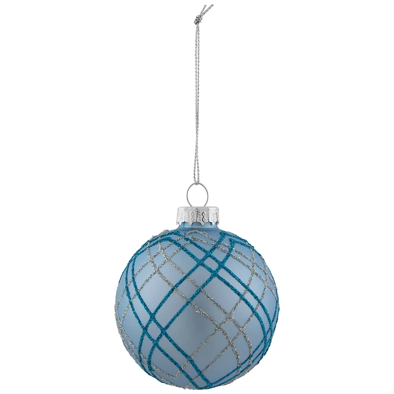 4ct. 2.75" Blue & Silver Plaid Glitter Glass Christmas Ornament Ball Set