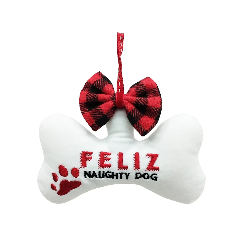 5.25" Feliz Naughty Dog Bone with Bow Felt Ornament by Ashland®