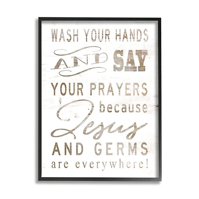 Stupell Industries White Wood Look Jesus And Germs Are Everywhere Wash Your Hands Sign Framed Wall Art