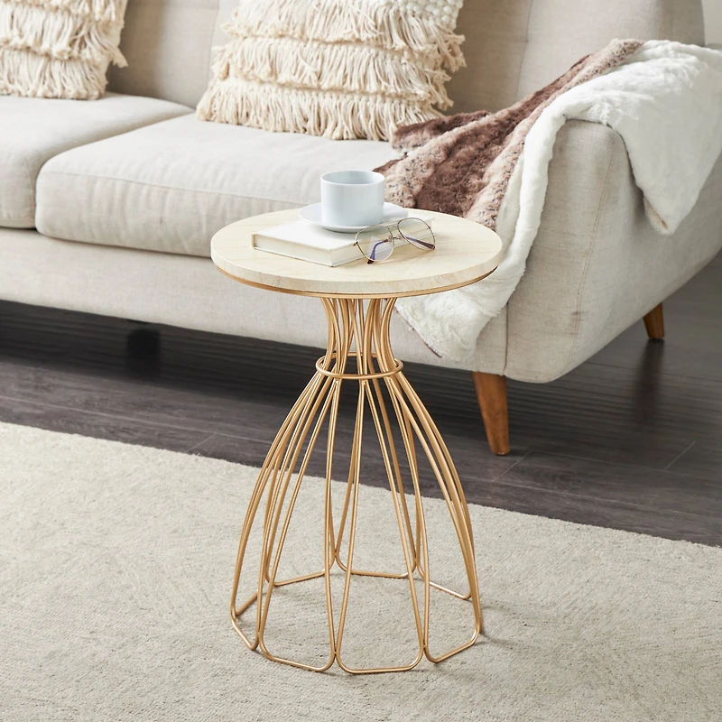 21.5" Gold Metal Flower Inspired Accent Table with Cream Marble Tabletop