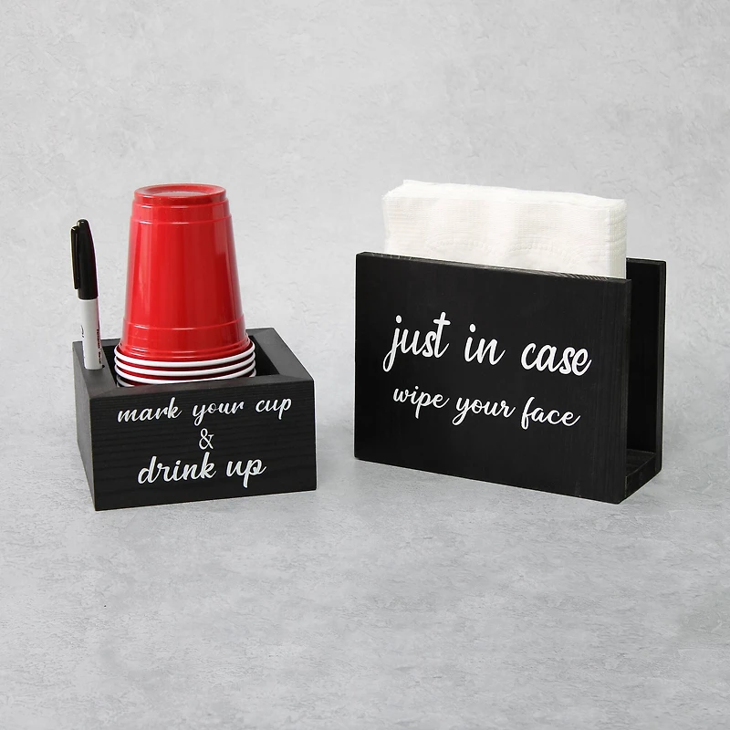 Elegant Designs™ Napkin Holder and Cup Holder Set with Black with White Script
