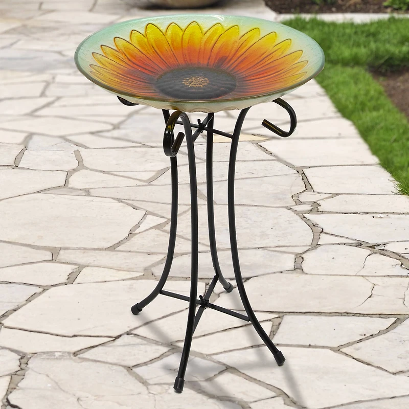 20.5" Orange & Yellow Sunflower Glass Bird Bath