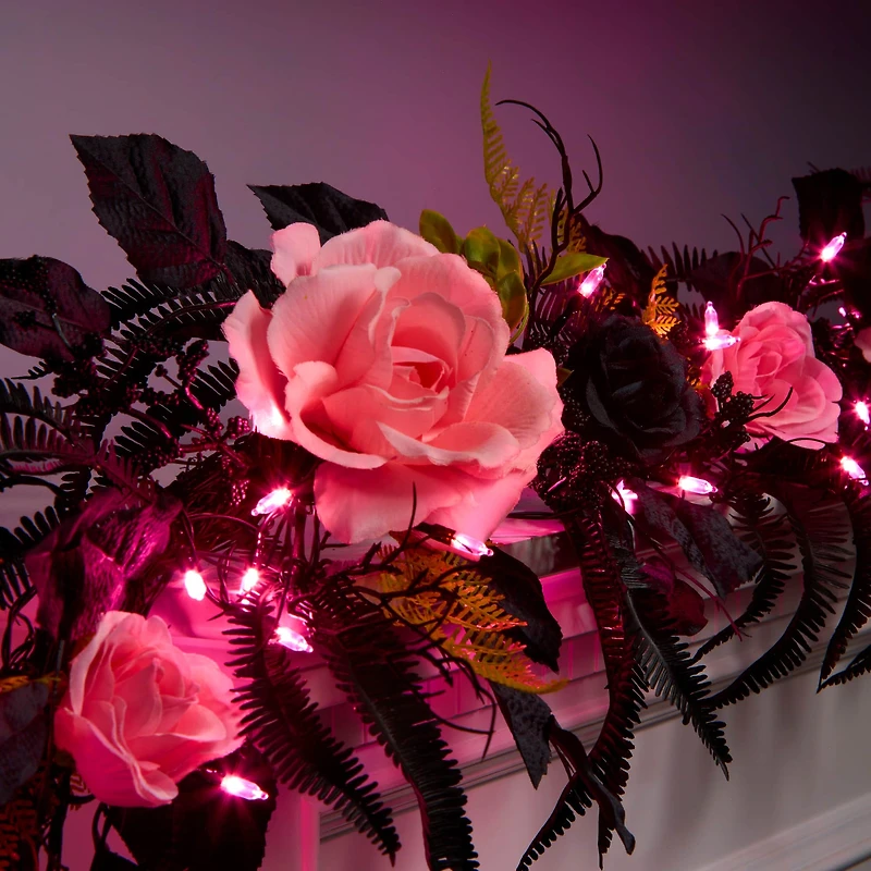 6ft. Cute & Creepy Pink & Black Halloween Flower Pre-Lit LED Garland