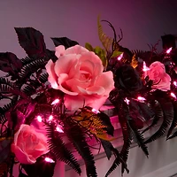 6ft. Cute & Creepy Pink & Black Halloween Flower Pre-Lit LED Garland