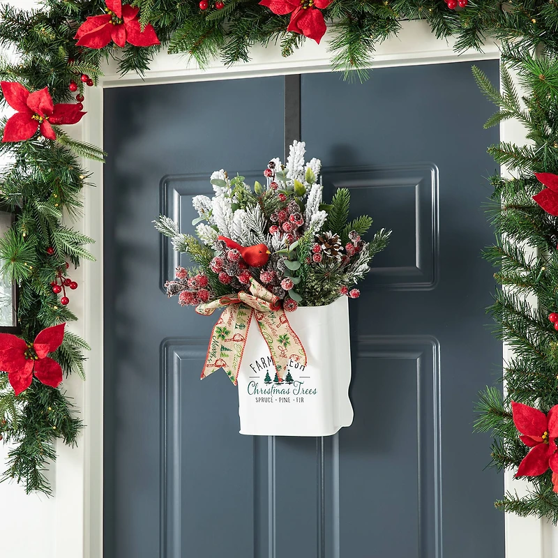 Glitzhome® 21" Christmas Pine Needle & Berry Ribbon Centerpiece