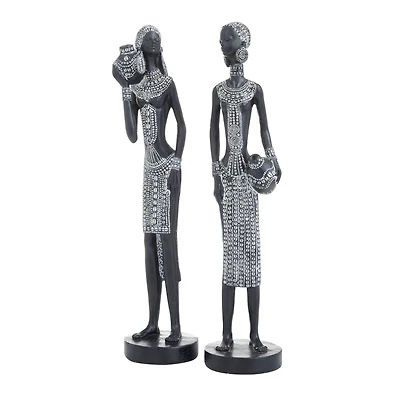 Set of 2 Black Polystone Eclectic Sculptures, 14" x 4" x 3"