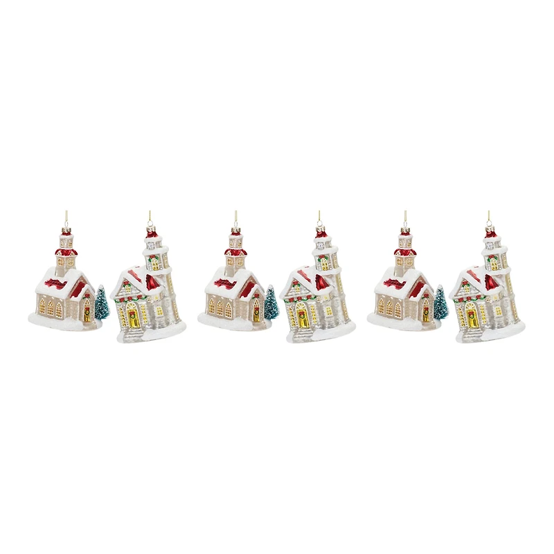 6ct. Glittered Glass Church Ornaments