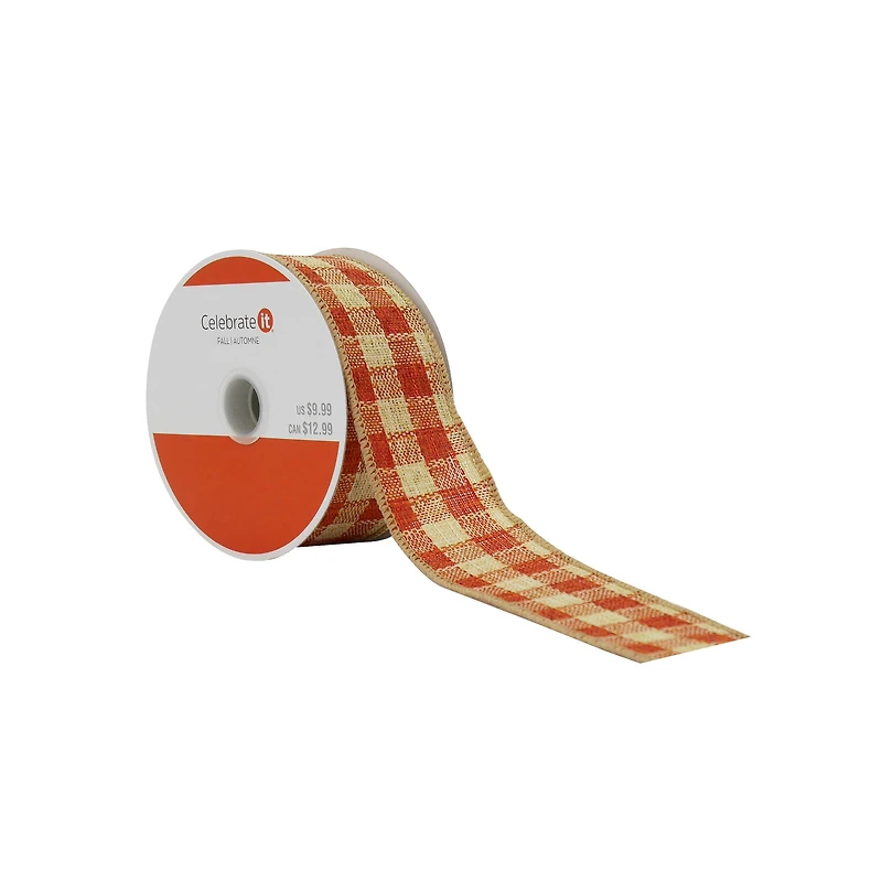 1.5" x 10yd. Orange Plaid Faux Linen Wired Ribbon by Celebrate It®
