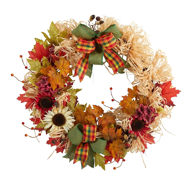 30" Harvest Autumn Sunflower, Maple Leaves & Berries Fall Wreath