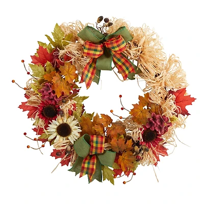 30" Harvest Autumn Sunflower, Maple Leaves & Berries Fall Wreath