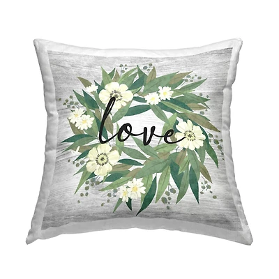 Stupell Industries Love Calligraphy Daisy Flower Wreath Throw Pillow, 18" x 18"