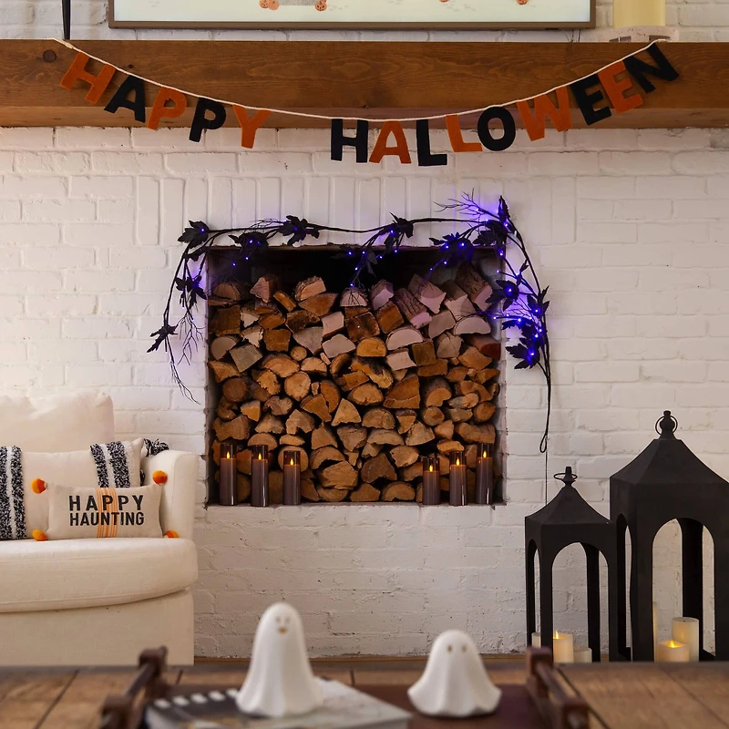 6.5ft. Pre-Lit Artificial Halloween Black Maple Garland with 48 Orange & Purple LED Lights