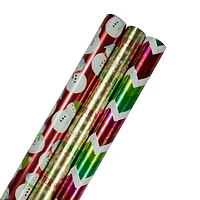 JAM Paper Red Foil Merry Christmas, Green Greetings & Green Red Stripe Gift Wrap Set