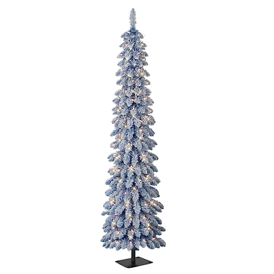 6ft. Pre-Lit Flocked Blue Artificial Alpine Pencil Christmas Tree, Clear Lights