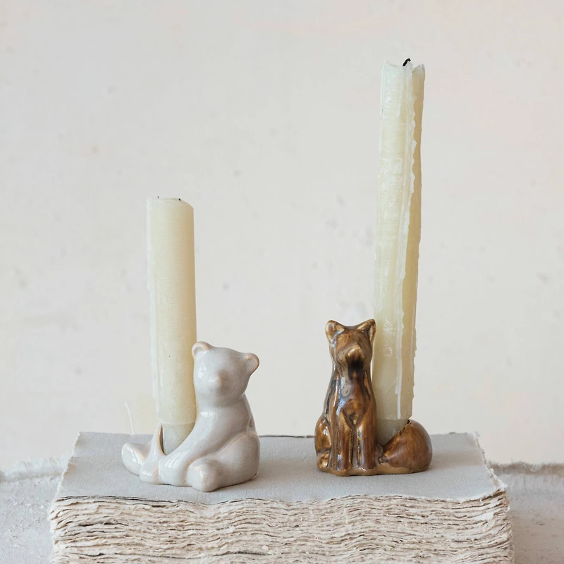 Hello Honey® 3.5" Brown Stoneware Fox Taper Candleholder with Reactive Glaze