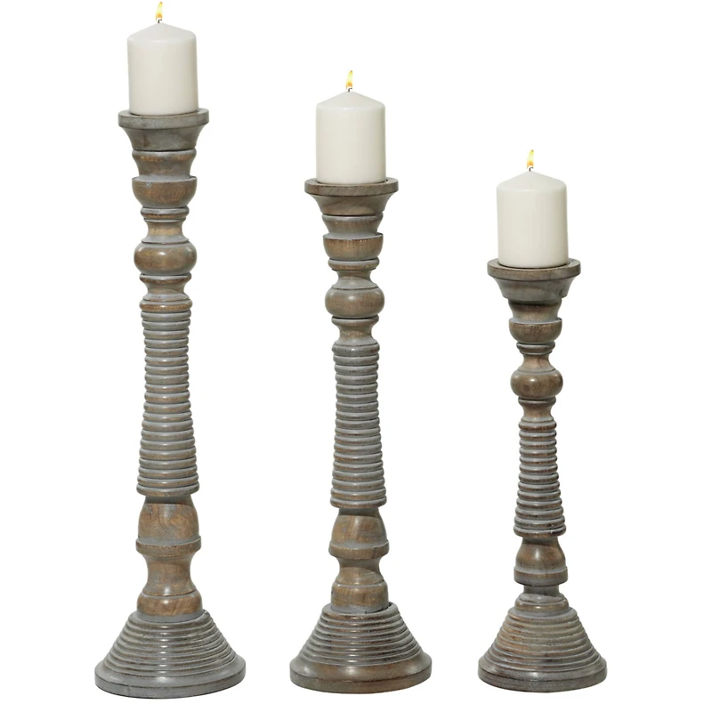 Light Gray Mango Wood Traditional Candle Holder Set
