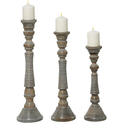 Light Gray Mango Wood Traditional Candle Holder Set