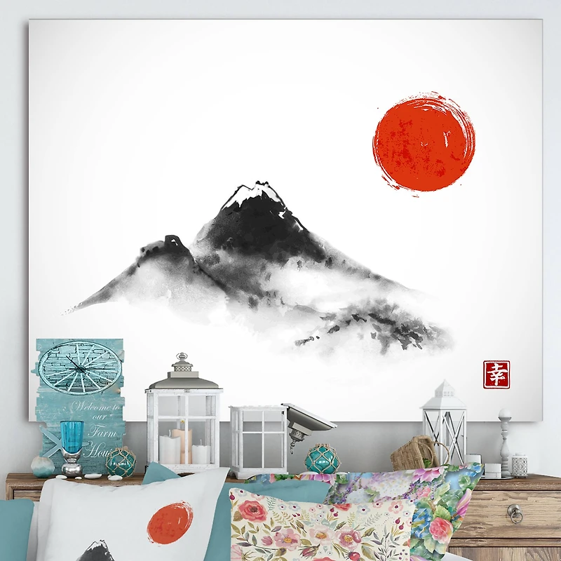 Designart - Japanese Red Moon In Traditional Sumi-e Painting III
