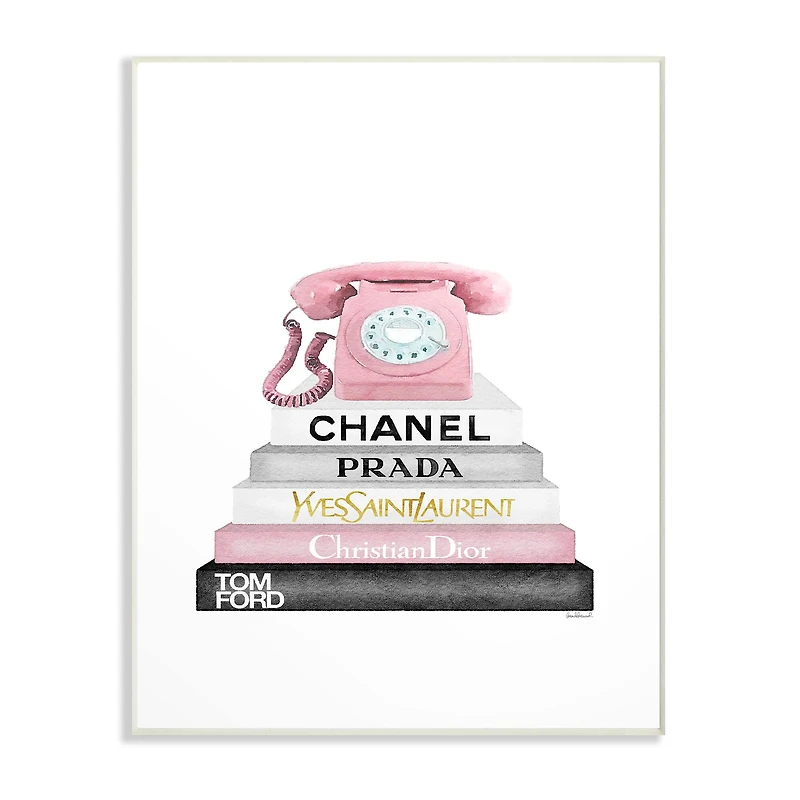 Stupell Industries Grey Pink and Black Fashion Bookstack with Pink Phone Wall Plaque