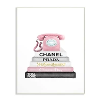 Stupell Industries Grey Pink and Black Fashion Bookstack with Pink Phone Wall Plaque