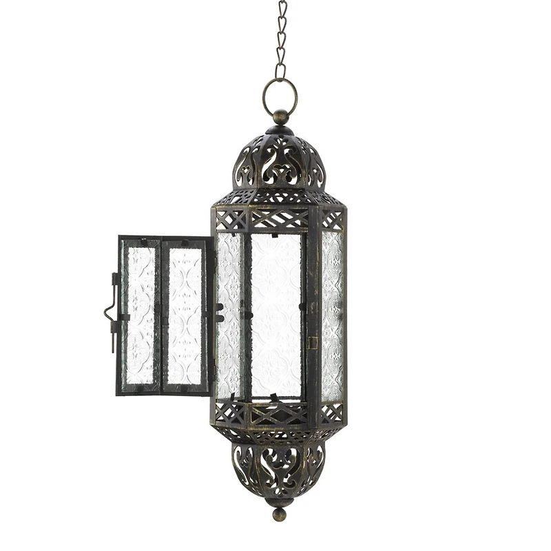13" Antique Victorian Black Filigree Embellished Hanging Candle Lantern