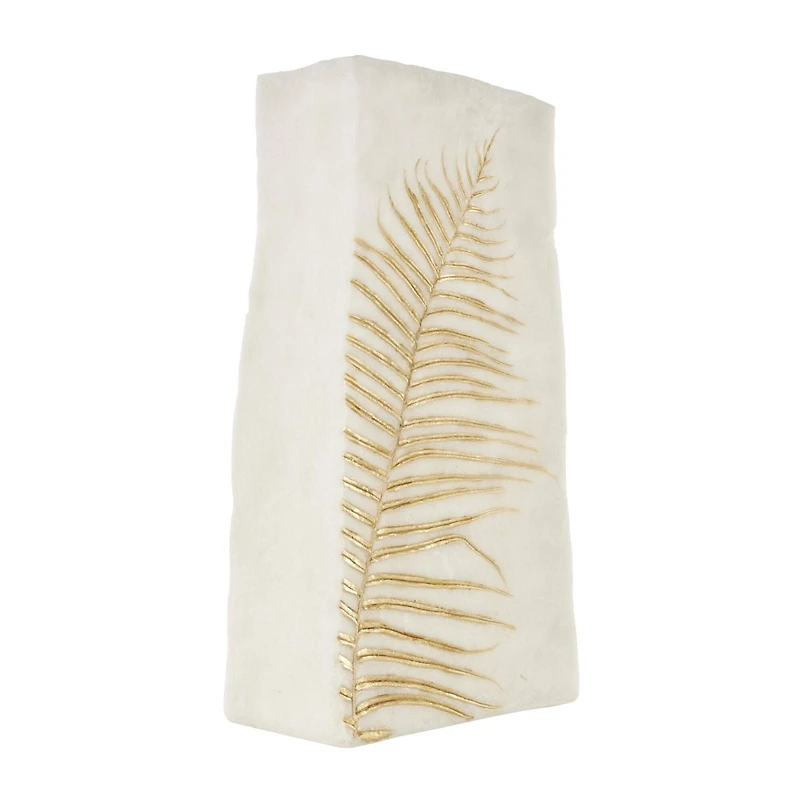 White & Gold Leaf Print Polystone Vase
