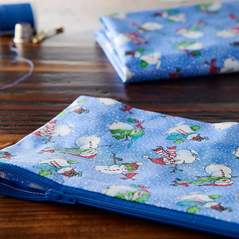 Fabric Traditions Christmas Snowmen Blue Glitter Cotton Fabric