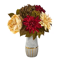 17" Peony, Hydrangea & Dahlia Arrangement in Stoneware Vase with Gold Trimming