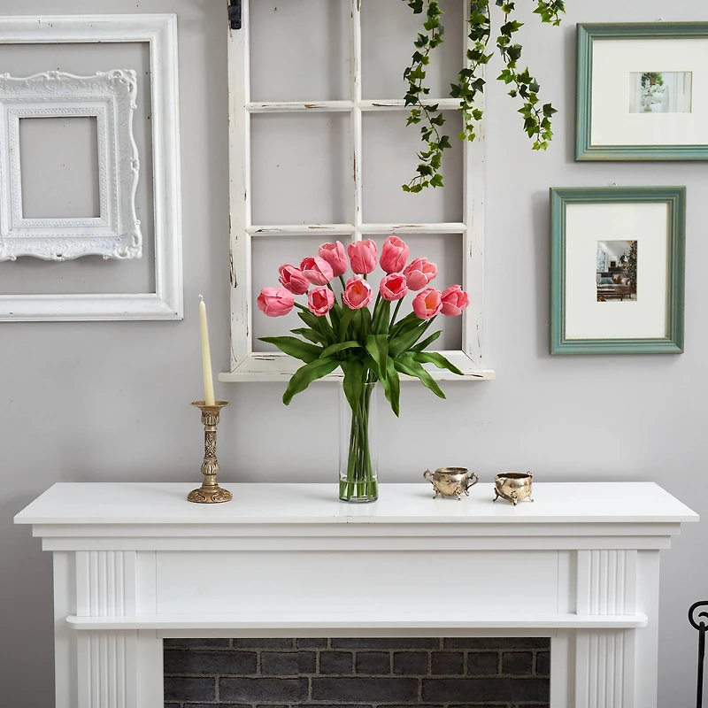 23" Artificial Tulip Arrangement with Cylinder Glass Vase