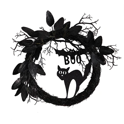 22" Halloween Black Cat & Bat Boo Twig Wreath