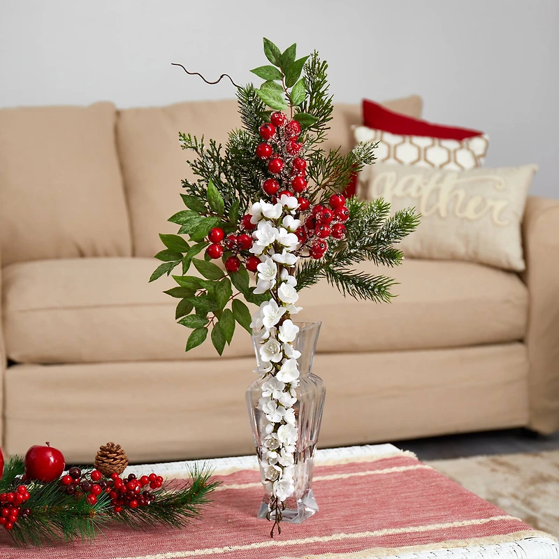 25in. Wisteria, Iced Pine & Berries Arrangement in Glass Vase