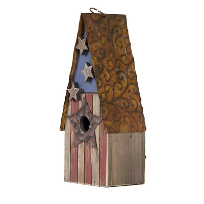 Glitzhome® Distressed Wood & Metal Patriotic Bird House with Stars