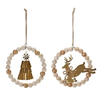5.5" Beaded Wood Tree & Deer Ornaments Set