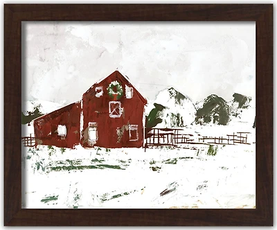 Christmas Snow on the Farm Walnut Framed Print Under Plexiglass