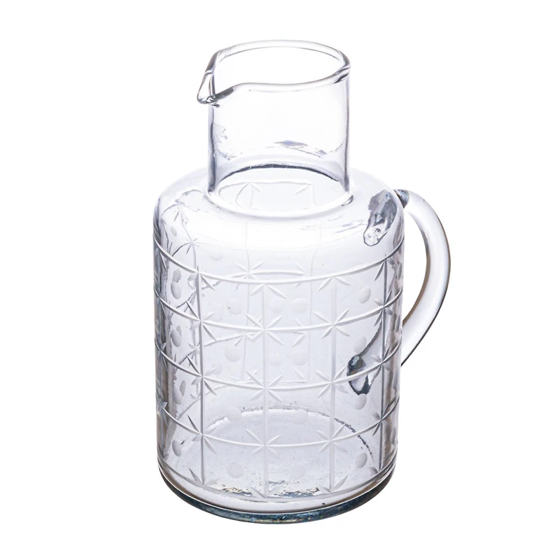 Hello Honey® 32oz. Clear Hand-Blown Etched Reclaimed Glass Pitcher with Tall Neck & Handle