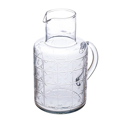 Hello Honey® 32oz. Clear Hand-Blown Etched Reclaimed Glass Pitcher with Tall Neck & Handle