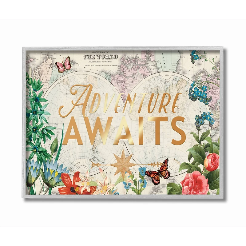 Stupell Industries Adventure Awaits Floral Map Gray Framed Wall Art