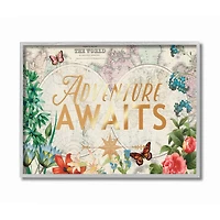 Stupell Industries Adventure Awaits Floral Map Gray Framed Wall Art