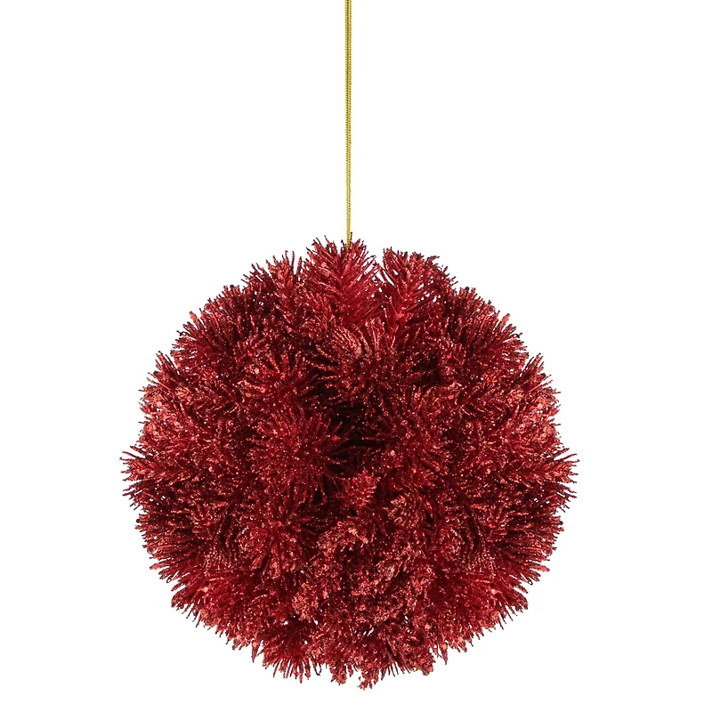 Red Glittered Pine Leaf Christmas Plastic Ball Ornament