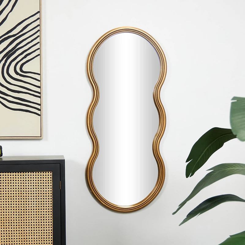 47" Gold Wooden Wavy-Shaped Wall Mirror with Ribbed Frame