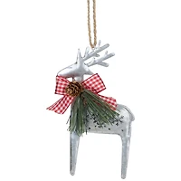 6.25" Silver Metal Reindeer Christmas Ornament With Gingham Bowtie & Pine