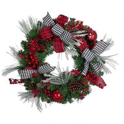 24" Plaid, Houndstooth & Red Berries Artificial Christmas Wreath